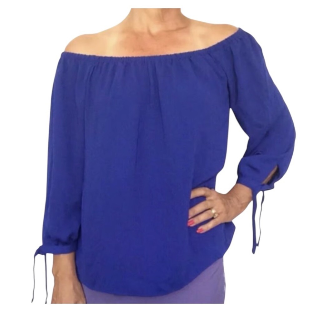 J CREW Royal Blue OFF THE SHOULDER TOP Tie Sleeves FLOWY PEASANT POET Blouse M